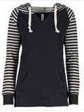 LADIES GARMENT WASHED STRIPED FLEECE PULLOVER HOODED